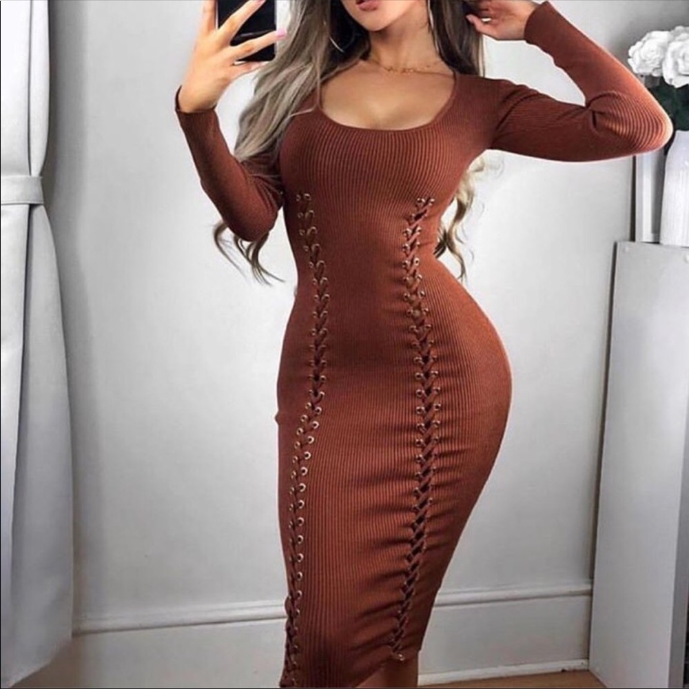 Knit lace up midi sweater dress